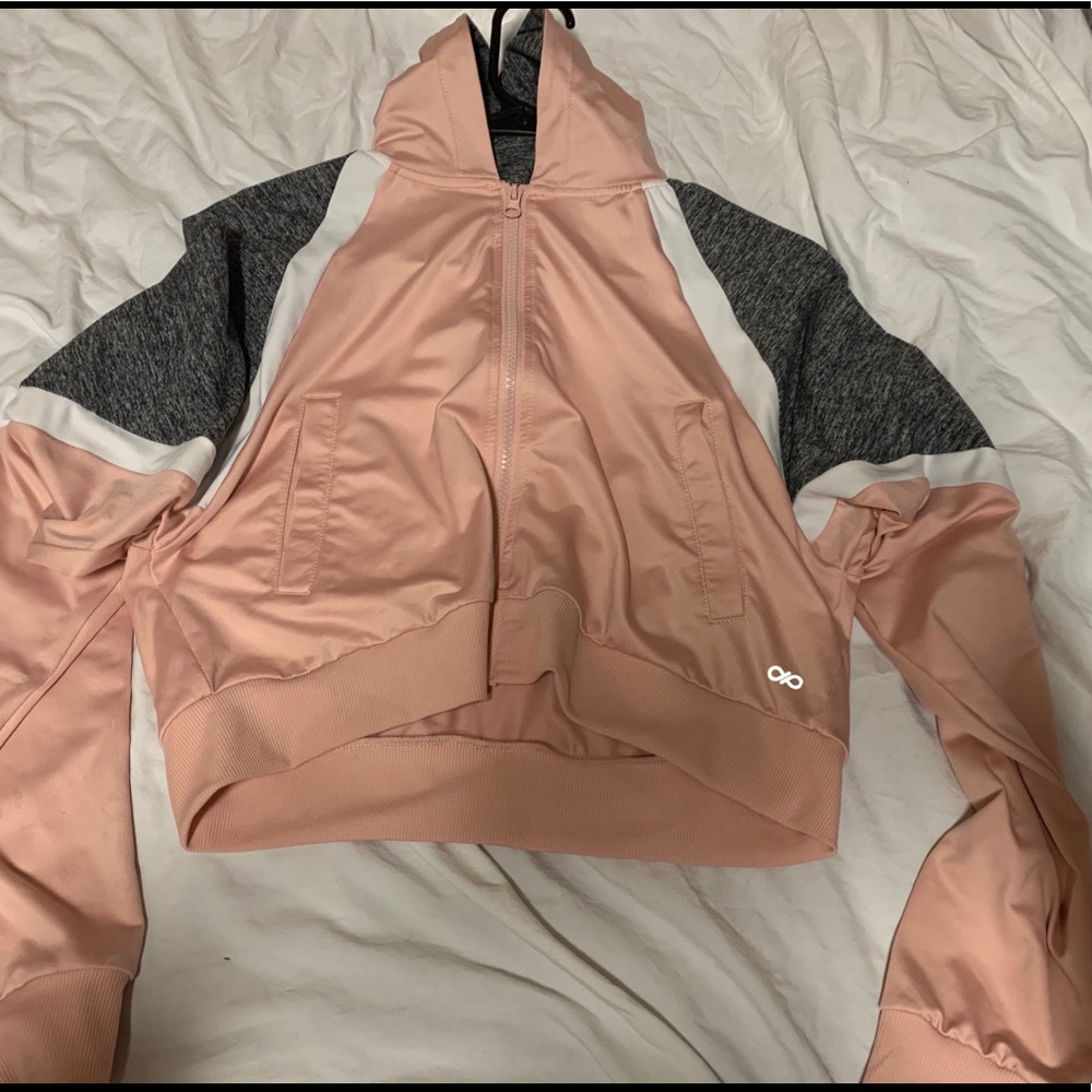 White gray and pink cropped athletic sweatshirt